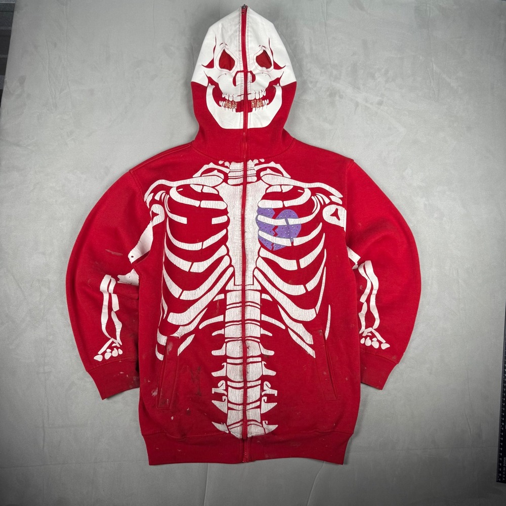 Y2K Mens BMX Skeleton Full‎ Zip Skull Mask Hoodie Red Streetwear Size L 16-18